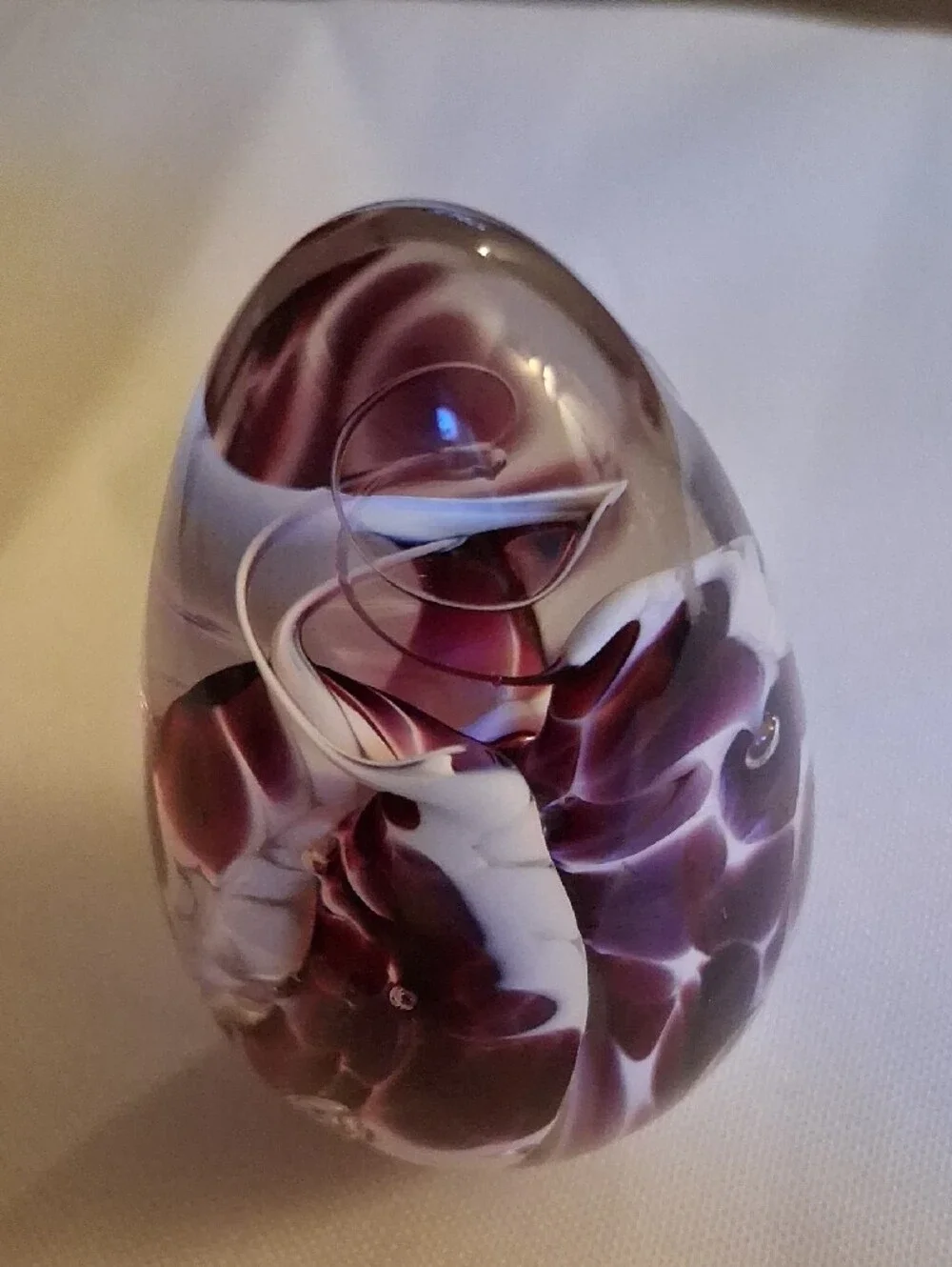 Handblown Glass Paperweight in Purple and White